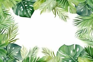 AI generated Watercolor green leaves frame on white background. Hand drawn illustration, Hand-painted wreaths and floral frames with watercolor flowers, especially pink roses, AI Generated photo