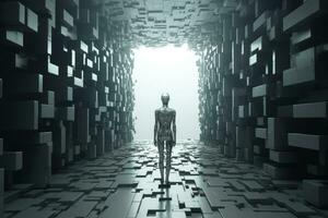 AI generated Futuristic corridor with a man in front of it 3D rendering, Humanoid robot walks through the fourth-dimensional space, AI Generated photo