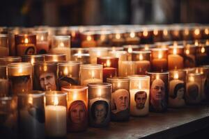 ai generado velas en el Iglesia de S t. francisco Javier en cracovia, Polonia, grupo de iluminado velas, memoria de fallecido personas, ai generado foto