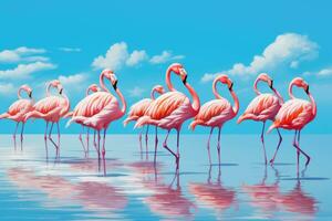 AI generated Flamingo on a background of blue sky. 3d rendering, Group of pink African flamingos walking around the blue lagoon on a sunny day, AI Generated photo