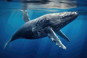 ai generado jorobado ballena nadando en azul océano. submarino escena, jorobado ballena graciosamente nadando en el profundo azul océano, capturado mediante submarino fotografía, ai generado foto