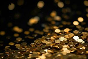 AI generated Golden coins on black background with bokeh effect, closeup, Golden confetti on a black background, featuring a shallow depth of field, AI Generated photo