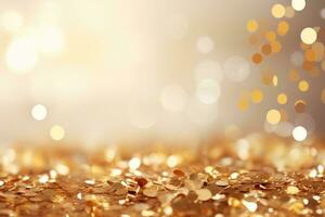 AI generated Gold bokeh abstract background. Festive Christmas and New Year background, Golden confetti on a light background, creating a festive abstract background with a bokeh effect, AI Generated photo