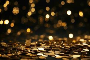 AI generated Golden confetti on a dark background. Festive background with bokeh effect, Golden confetti on a black background, featuring a shallow depth of field, AI Generated photo