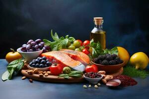 AI generated Selection of healthy food including salmon, blackberries, tomatoes, basil, olive oil and spices, Healthy food for a balanced flexitarian Mediterranean diet concept, AI Generated photo