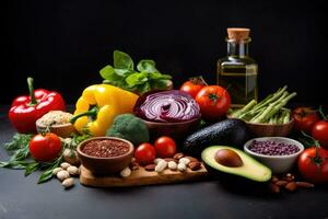 ai generado sano comida antecedentes. surtido de Fresco verduras, legumbres y especias en negro mesa, sano comida para un equilibrado flexitariano Mediterráneo dieta concepto, ai generado foto