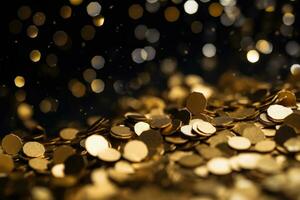 AI generated Golden coins with bokeh on black background, business concept, Golden confetti on a black background, featuring a shallow depth of field, AI Generated photo