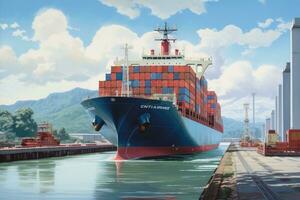 ai generado logística y transporte de carga Embarcacion en el puerto. 3d representación, ilustración de un envase Embarcacion paso mediante el Panamá canal, ai generado foto