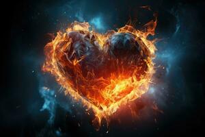 ai generado ardiente corazón en un oscuro antecedentes. 3d representación, 3d ilustración, corazón en fuego, un sorprendentes imagen de un corazón hecho con fuego y hielo, ai generado foto