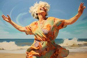 AI generated Portrait of happy senior woman in summer dress on the beach, image of happy dancing mature woman at the beach, AI Generated photo