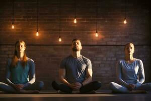 AI generated Group of young people practicing yoga in a studio. Yoga class, Group of young sporty people practicing yoga in Balasana pose, AI Generated photo