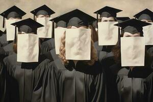 ai generado grupo de estudiantes en birretes y vestidos con papel hojas en su caras, posterior ver de un grupo de graduados propina su graduación tapas hacia arriba, ai generado foto