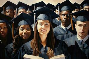 AI generated Portrait of a group of students in graduation gowns and mortar boards, Rear view of a group of graduates tipping their graduation caps upwards, AI Generated photo