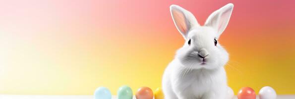 AI generated Easter bunny and Easter eggs on colorful background. Easter banner. White Rabbit against rainbow Background. photo