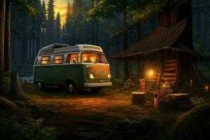 AI generated camping in the forest with a Camper van, enjoying a summer camping, top section cropped and side view Ai generated photo