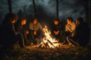 AI generated Group of young friends sitting near bonfire at night Camping concept, Young people sitting around a bonfire Ai generated photo