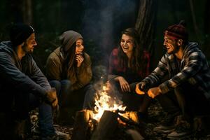 AI generated Group of young friends sitting near bonfire at night Camping concept, Young people sitting around a bonfire Ai generated photo