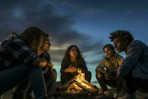 AI generated Group of young friends sitting near bonfire at night Camping concept, Young people sitting around a bonfire Ai generated photo