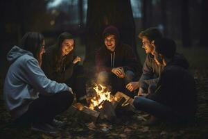 ai generado grupo de joven amigos sentado cerca hoguera a noche cámping concepto, joven personas sentado alrededor un hoguera ai generado foto