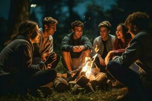 AI generated Group of young friends sitting near bonfire at night Camping concept, Young people sitting around a bonfire Ai generated photo