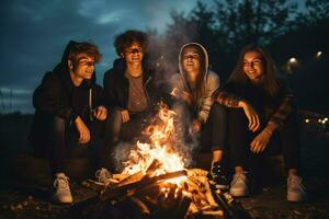 ai generado grupo de joven amigos sentado cerca hoguera a noche cámping concepto, joven personas sentado alrededor un hoguera ai generado foto