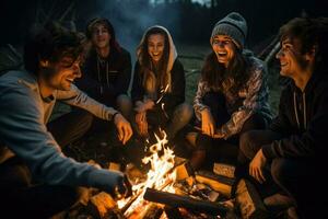 AI generated Group of young friends sitting near bonfire at night Camping concept, Young people sitting around a bonfire Ai generated photo