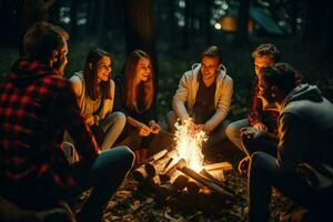 ai generado grupo de joven amigos sentado cerca hoguera a noche cámping concepto, joven personas sentado alrededor un hoguera ai generado foto