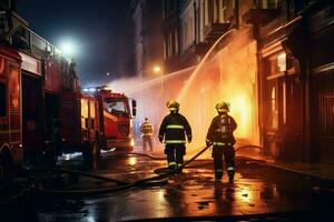 ai generado bomberos extinguir un fuego en un edificio a noche ai generado foto