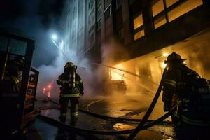 ai generado bomberos extinguir un fuego en un edificio a noche ai generado foto