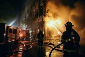 ai generado bomberos extinguir un fuego en un edificio a noche ai generado foto