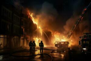 ai generado bomberos extinguir un fuego en un edificio a noche ai generado foto