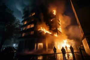 ai generado bomberos extinguir un fuego en un edificio a noche ai generado foto