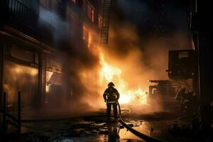 AI generated Firefighters extinguishing a fire in a building at night Ai generated photo