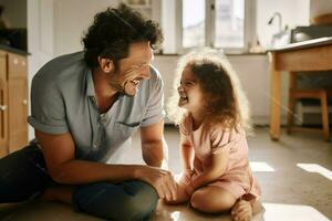 ai generado juguetón hija ratería alegre del padre las mejillas en piso a hogar ai generado foto