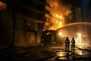 AI generated Firefighters extinguishing a fire in a building at night Ai generated photo