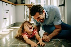 ai generado juguetón hija ratería alegre del padre las mejillas en piso a hogar ai generado foto