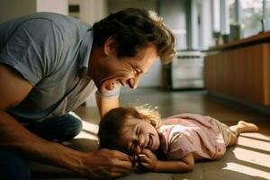 AI generated Playful daughter pinching cheerful father's cheeks on floor at home Ai generated photo