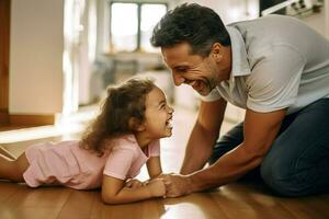 ai generado juguetón hija ratería alegre del padre las mejillas en piso a hogar ai generado foto