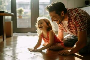 AI generated Playful daughter pinching cheerful father's cheeks on floor at home Ai generated photo