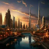 AI generated Beautiful view of Dubai ,beautiful panoramic view of skyscrapers and river Ai generated photo