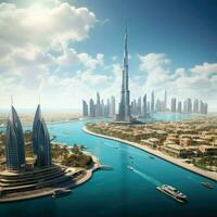 AI generated Beautiful view of Dubai ,beautiful panoramic view of skyscrapers and river Ai generated photo