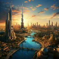 AI generated Beautiful view of Dubai ,beautiful panoramic view of skyscrapers and river Ai generated photo