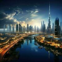 AI generated Beautiful view of Dubai ,beautiful panoramic view of skyscrapers and river Ai generated photo