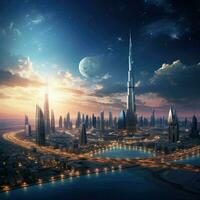 AI generated Beautiful view of Dubai ,beautiful panoramic view of skyscrapers and river Ai generated photo