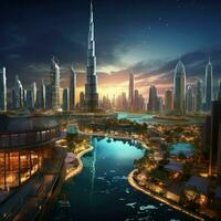 AI generated Beautiful view of Dubai ,beautiful panoramic view of skyscrapers and river Ai generated photo