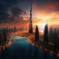 AI generated Beautiful view of Dubai ,beautiful panoramic view of skyscrapers and river Ai generated photo