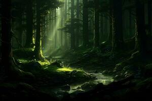 AI generated Realistic deep forest ,Deep Forest Fantasy Backdrop Concept Art Realistic Illustration Background Ai generated photo