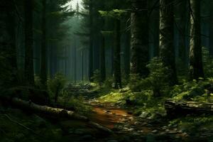 AI generated Realistic deep forest ,Deep Forest Fantasy Backdrop Concept Art Realistic Illustration Background Ai generated photo