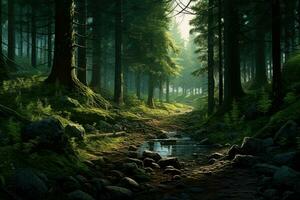 AI generated Realistic deep forest ,Deep Forest Fantasy Backdrop Concept Art Realistic Illustration Background Ai generated photo