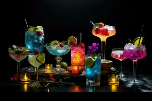 AI generated different colored cocktails in glasses on a table, Decoration of different cocktail in different Glasses Ai generated photo